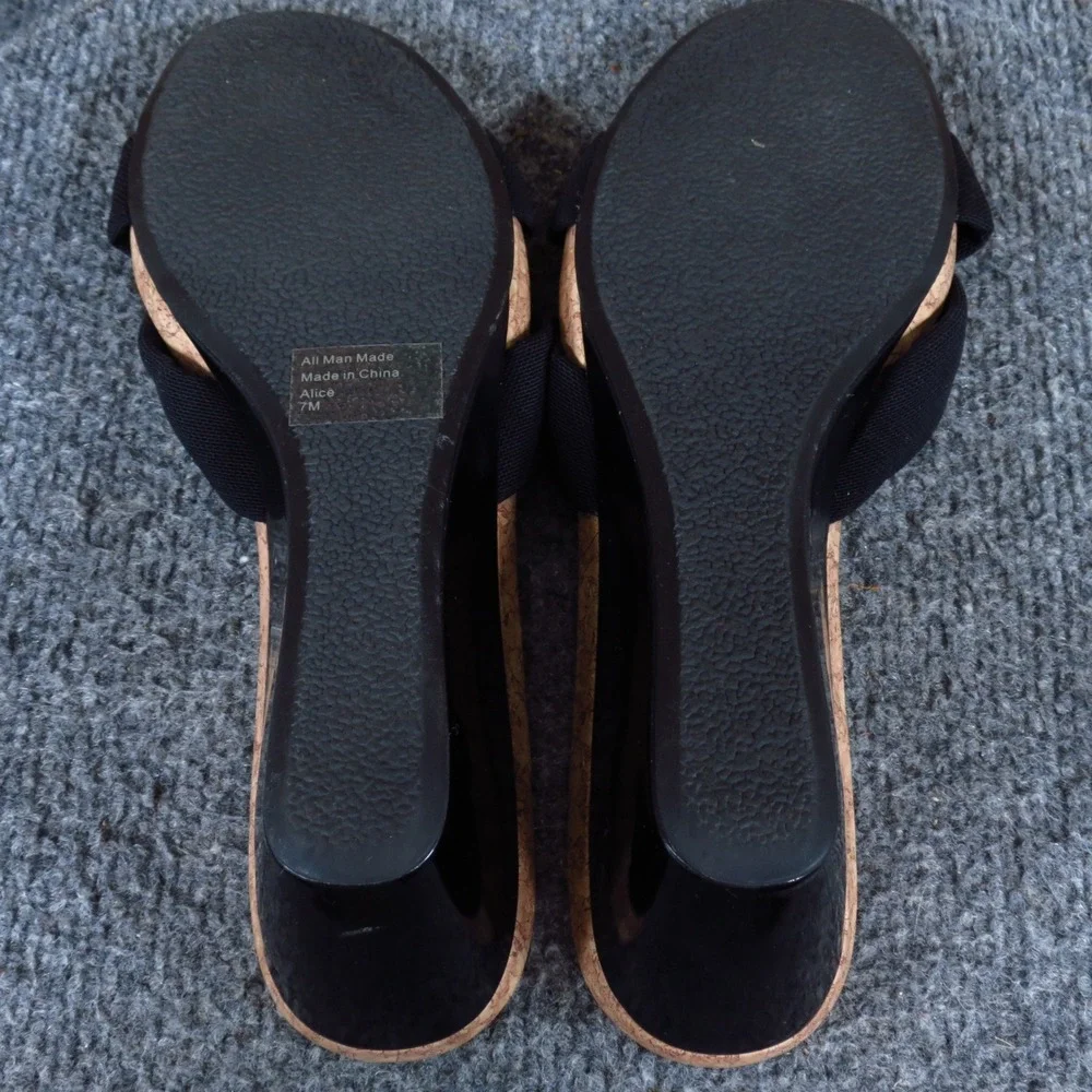 Style & Co Alice Women Wedge Sandals Size 7M Summer Dressy Black Textile Cork